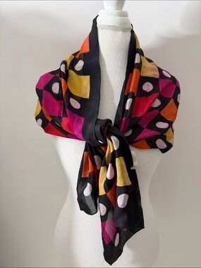 Silk Geometric Dot Print Scarf in Black, Pink & Yellow
